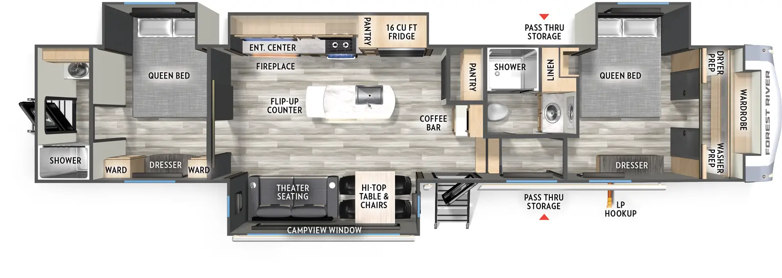 The Wildcat Fifth Wheels 402BEDS floorplan has two entries and four slide outs. Exterior features include: fiberglass exterior and 10'6" & 14' awning. Interiors features include: kitchen island, front bedroom, two bedrooms, rear bathroom and two full bathrooms.